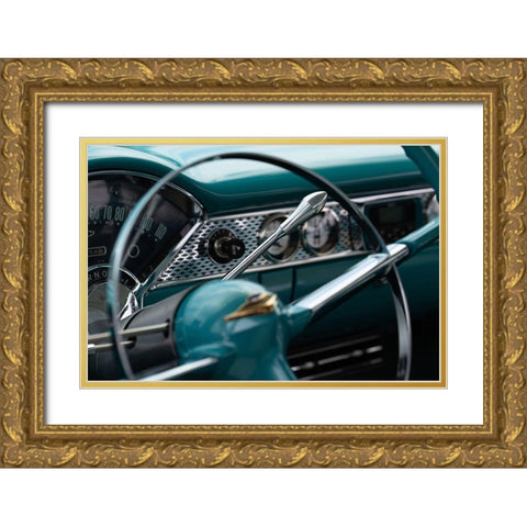 Classic Car Dashboard in Turquoise Gold Ornate Wood Framed Art Print with Double Matting by Vintage Photo Archive