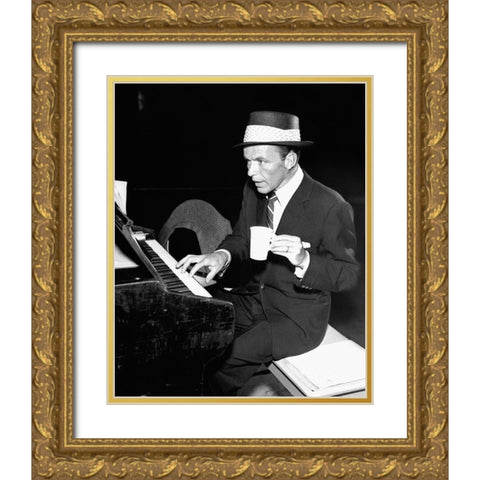 Frank Sinatra at the piano, 1954 Gold Ornate Wood Framed Art Print with Double Matting by Vintage Hollywood Archive