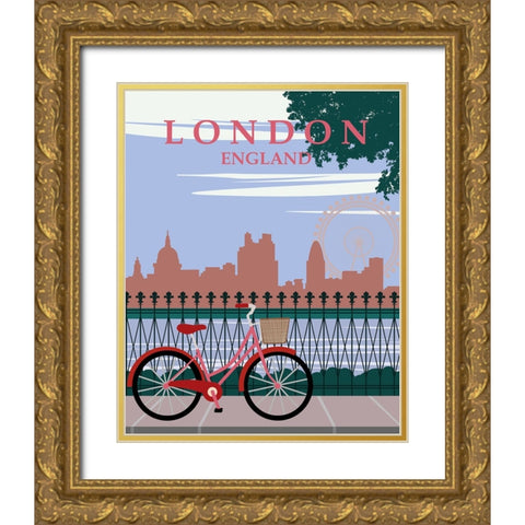 London Red Bike Travel Poster Gold Ornate Wood Framed Art Print with Double Matting by Vintage Travel Posters