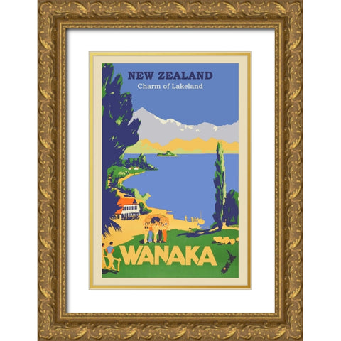 New Zealand Wanaka Travel Poster Gold Ornate Wood Framed Art Print with Double Matting by Vintage Travel Posters