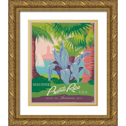 Puerto Rico Travel Poster Gold Ornate Wood Framed Art Print with Double Matting by Vintage Travel Posters
