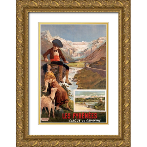 Pyrenees Travel Poster Vintage Gold Ornate Wood Framed Art Print with Double Matting by Vintage Travel Posters