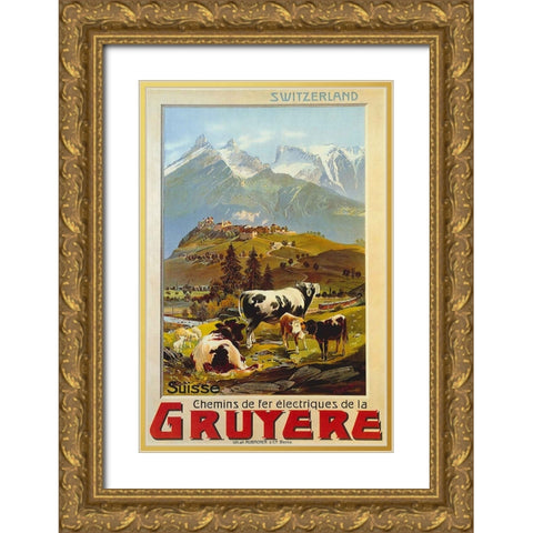 Switzerland Travel Poster Gruyere Gold Ornate Wood Framed Art Print with Double Matting by Vintage Travel Posters