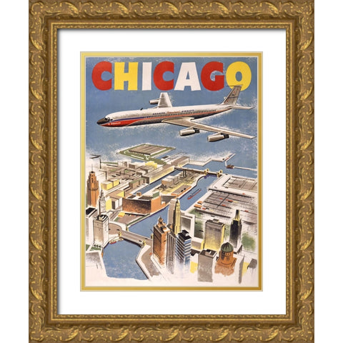 Travel Poster Chicago Gold Ornate Wood Framed Art Print with Double Matting by Vintage Travel Posters
