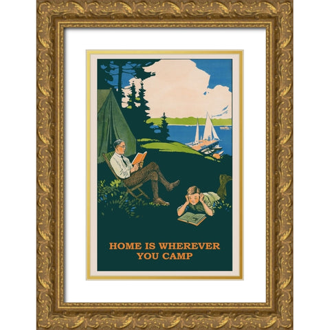 Vintage Camping Poster Gold Ornate Wood Framed Art Print with Double Matting by Vintage Travel Posters