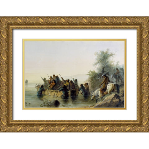 Bull Boating Gold Ornate Wood Framed Art Print with Double Matting by Miller, Alfred Jacob
