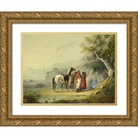 Camp Scene, Sioux Gold Ornate Wood Framed Art Print with Double Matting by Miller, Alfred Jacob