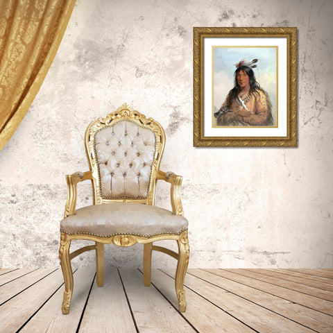 Head of Matau Tathonca, Bull Bear, an Ogillalah Gold Ornate Wood Framed Art Print with Double Matting by Miller, Alfred Jacob