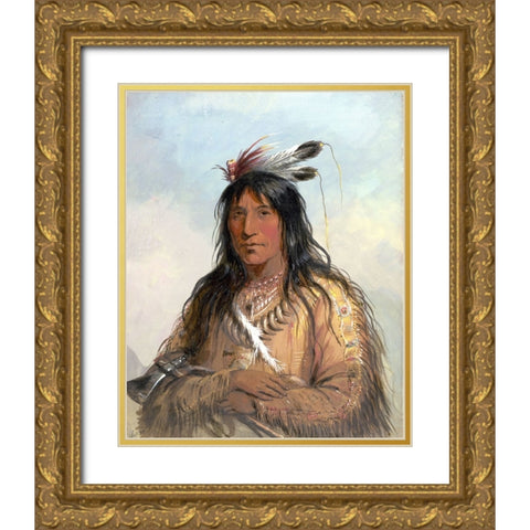 Head of Matau Tathonca, Bull Bear, an Ogillalah Gold Ornate Wood Framed Art Print with Double Matting by Miller, Alfred Jacob