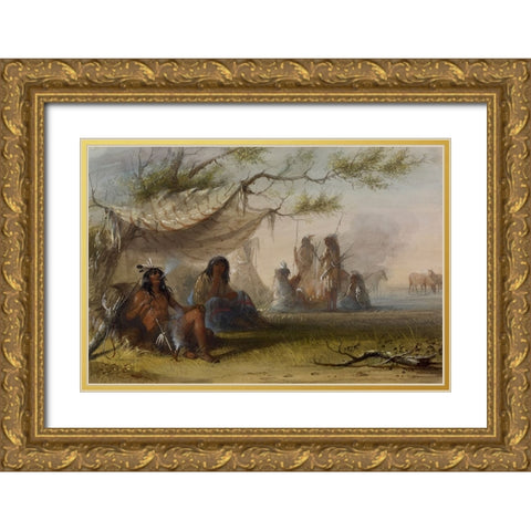 Indian Encampment Gold Ornate Wood Framed Art Print with Double Matting by Miller, Alfred Jacob