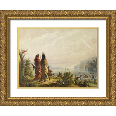 Indians Threatining to Attack Fur Boats Gold Ornate Wood Framed Art Print with Double Matting by Miller, Alfred Jacob