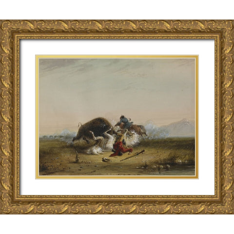 Pierre and the Buffalo Gold Ornate Wood Framed Art Print with Double Matting by Miller, Alfred Jacob