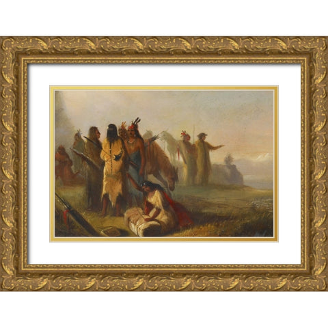 Scene of Trappers and Indians Gold Ornate Wood Framed Art Print with Double Matting by Miller, Alfred Jacob