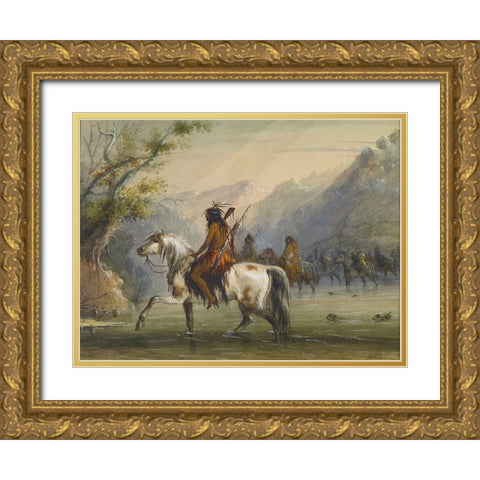 Fording a River Gold Ornate Wood Framed Art Print with Double Matting by Miller, Alfred Jacob