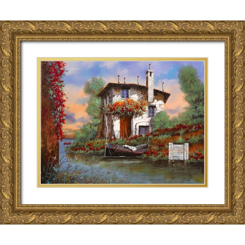 Tramonto sul lago con Bougainvillea Gold Ornate Wood Framed Art Print with Double Matting by Borelli, Guido