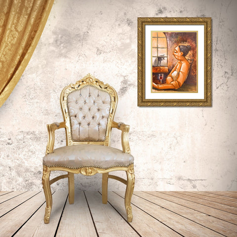 Lady and Cat I Gold Ornate Wood Framed Art Print with Double Matting by West, Ronald