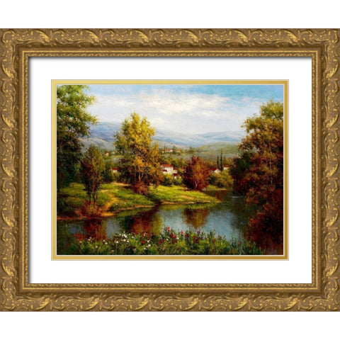 Village at the River Bank Gold Ornate Wood Framed Art Print with Double Matting by Hulsey