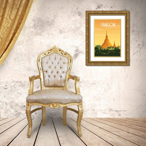 Yangon myanmar travel poster Gold Ornate Wood Framed Art Print with Double Matting by ARCTIC FRAME