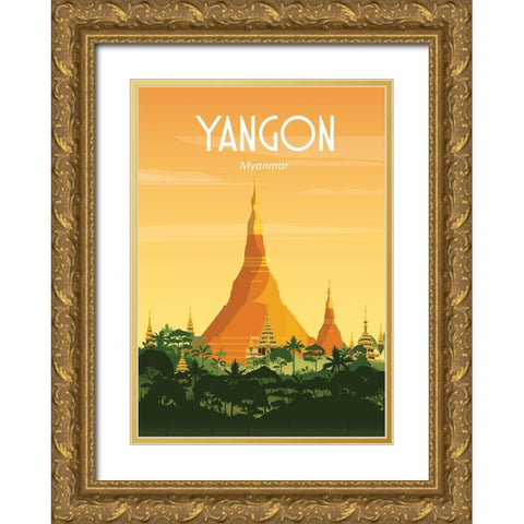 Yangon myanmar travel poster Gold Ornate Wood Framed Art Print with Double Matting by ARCTIC FRAME