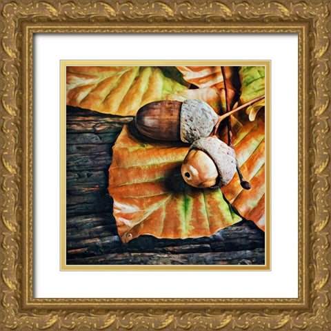 Autumn Acorns Gold Ornate Wood Framed Art Print with Double Matting by Aldridge, Ashley
