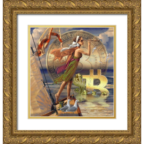 Bitcoin Deco X Gold Ornate Wood Framed Art Print with Double Matting by Hunziker, Steve