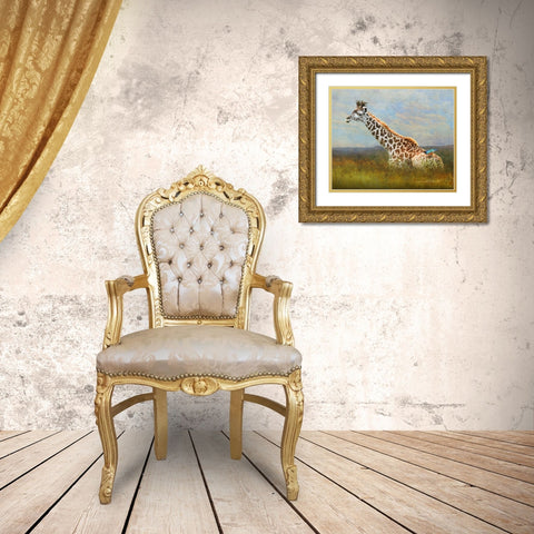 Giraffe and Starling Gold Ornate Wood Framed Art Print with Double Matting by Vest, Christopher