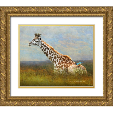 Giraffe and Starling Gold Ornate Wood Framed Art Print with Double Matting by Vest, Christopher