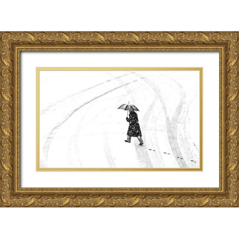 Man with umbrella Gold Ornate Wood Framed Art Print with Double Matting by Ohlendorf, Anette