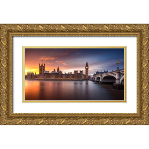 London Palace of Westminster Sunset Gold Ornate Wood Framed Art Print with Double Matting by Merakiphotographer