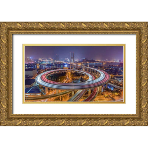 The Nanpu Bridge Gold Ornate Wood Framed Art Print with Double Matting by Chen, Barry