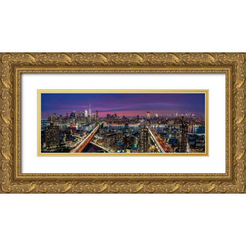 Manhattan skyline during beautiful sunset Gold Ornate Wood Framed Art Print with Double Matting by D Mørkeberg, Thomas