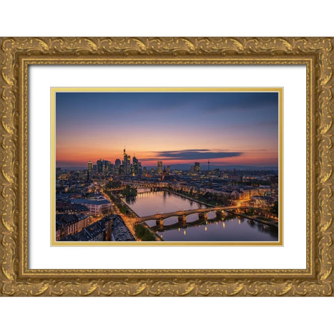 Frankfurt Skyline at sunset Gold Ornate Wood Framed Art Print with Double Matting by Oelschlegel, Robin