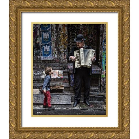 The Busker And The Boy Gold Ornate Wood Framed Art Print with Double Matting by Russell, Vince