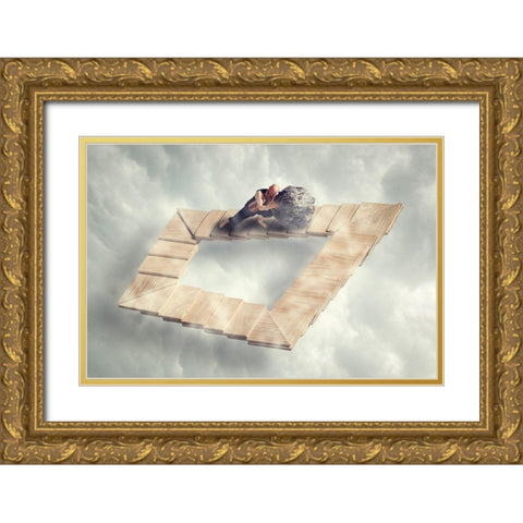 Sissyfos goes MC Escher Gold Ornate Wood Framed Art Print with Double Matting by Brinch, Bo