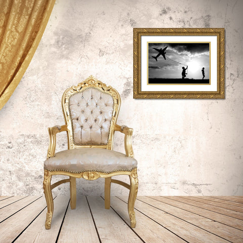 Fly my Plane Gold Ornate Wood Framed Art Print with Double Matting by Trijoko