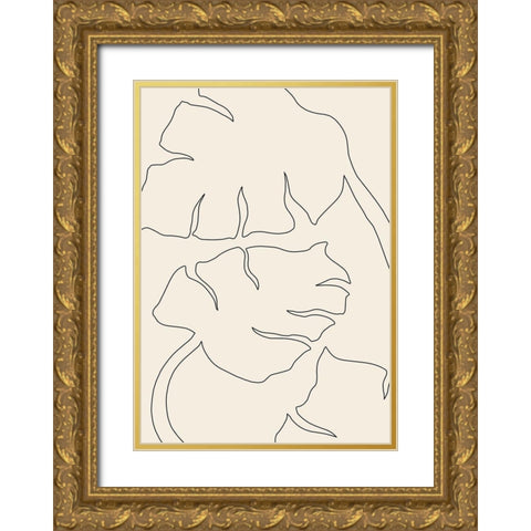 Monstera Outline Gold Ornate Wood Framed Art Print with Double Matting by Artographie Studio