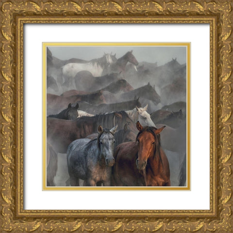 Two Horses Gold Ornate Wood Framed Art Print with Double Matting by Taskin, Huseyin