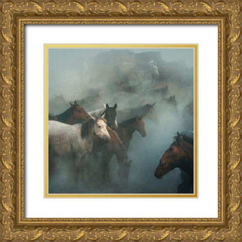 Lost Horses Gold Ornate Wood Framed Art Print with Double Matting by Taskin, Huseyin