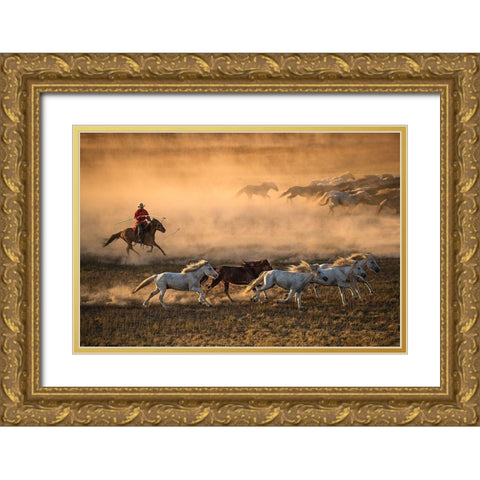 Mongolia Horses Gold Ornate Wood Framed Art Print with Double Matting by Zhang, Libby