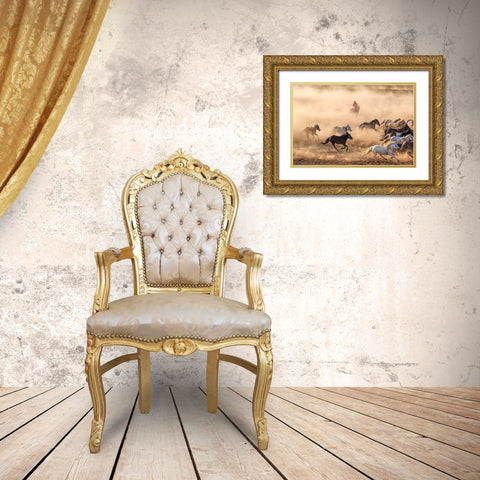 Horse Run Gold Ornate Wood Framed Art Print with Double Matting by Wong, Adam