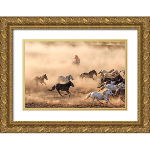 Horse Run Gold Ornate Wood Framed Art Print with Double Matting by Wong, Adam