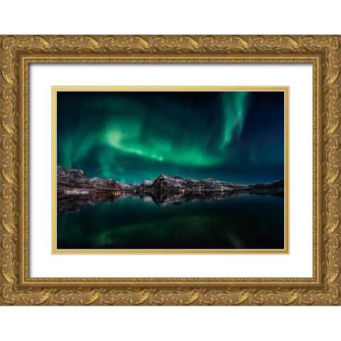 Lofoten Aurora Reflection Gold Ornate Wood Framed Art Print with Double Matting by De La, Javier