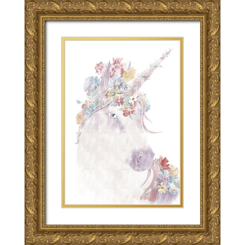 Unicorn Floral Gold Ornate Wood Framed Art Print with Double Matting by Artographie Studio