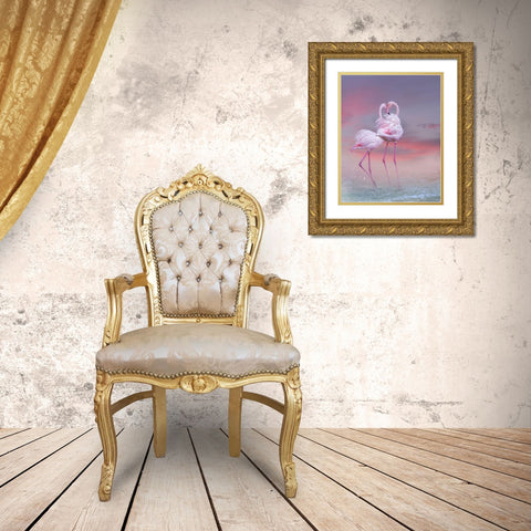 Flamingo Ballet Gold Ornate Wood Framed Art Print with Double Matting by Wisniowska, Krystina