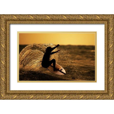 Surfer at sunset Gold Ornate Wood Framed Art Print with Double Matting by Yuval