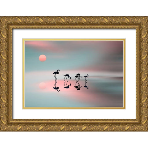 Family flamingos Gold Ornate Wood Framed Art Print with Double Matting by Natalia