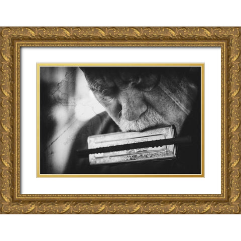 Wolf with harmonica Gold Ornate Wood Framed Art Print with Double Matting by Schleicher-Schwarz, Roswitha