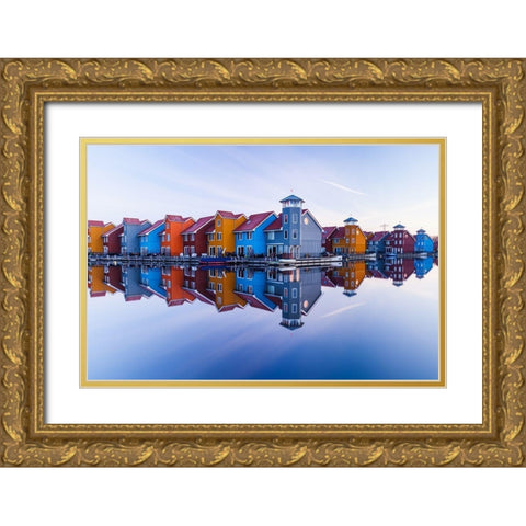 Colored homes Gold Ornate Wood Framed Art Print with Double Matting by Drijfhamer, Ton