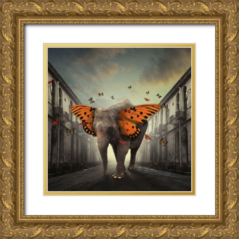 Butterphant Gold Ornate Wood Framed Art Print with Double Matting by Hardibudi