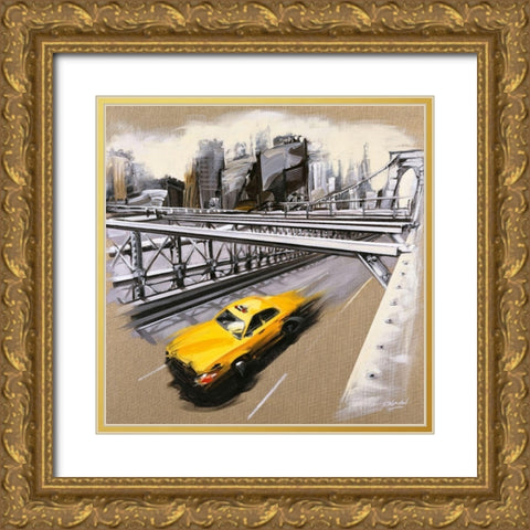 New York - Brooklyn Bridge Gold Ornate Wood Framed Art Print with Double Matting by Blondel, Sandrine